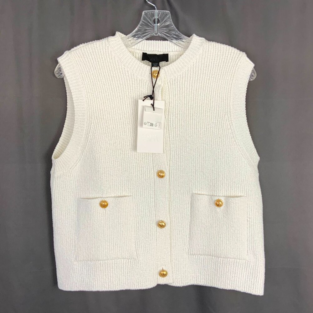 NWT Zara Plain Knit Top/Vest in Cream with Gold Buttons Sz M